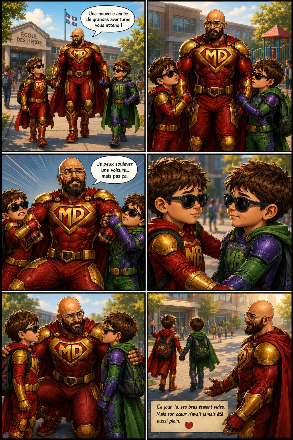 BD Mighty Dad — devant l'École des Héros, Mighty Dad rassure ses fils nerveux puis les regarde partir main dans la main vers la cour ; il reste agenouillé, les bras vides. Ce jour-là, ses bras étaient vides, mais son cœur n'avait jamais été aussi plein.