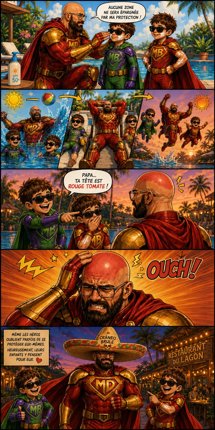 BD Mighty Dad — Mighty Dad enduit méticuleusement ses fils de crème solaire mais oublie sa propre tête ; au coucher du soleil, son crâne chauve est rouge tomate. Même les héros oublient de se protéger eux-mêmes — heureusement, leurs enfants y pensent.
